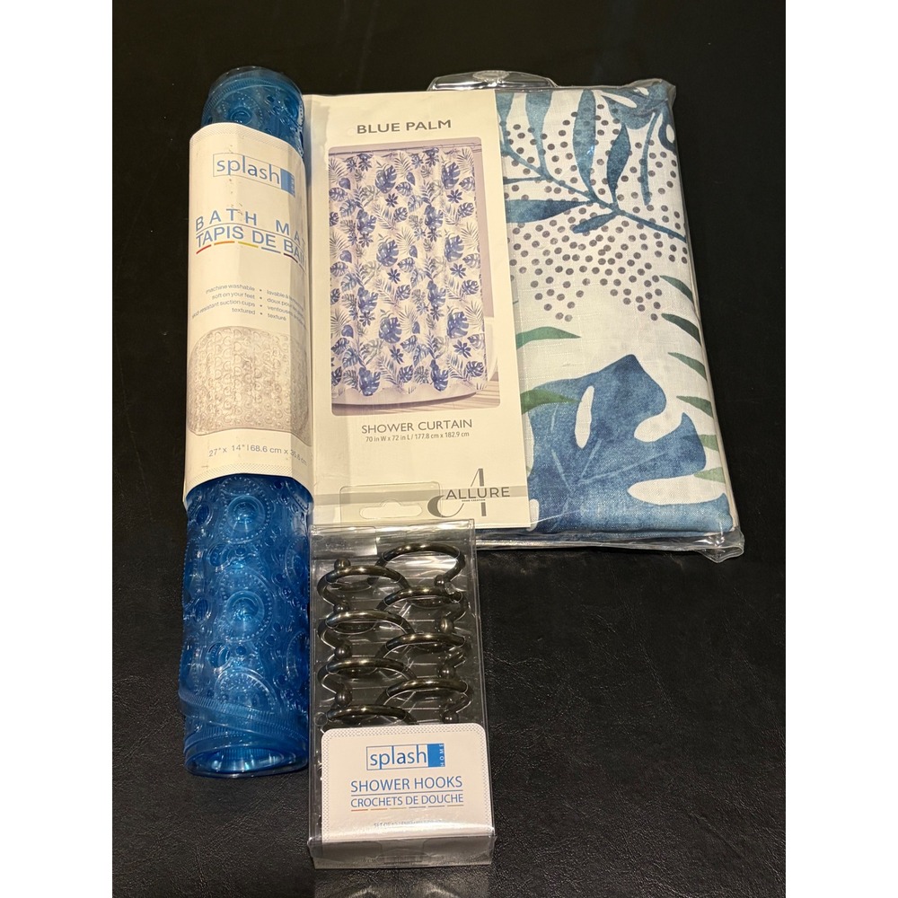 Allure Blue Palm Shower Curtain Splash Bath Mat and Hooks 3pc Bathroom Set NEW